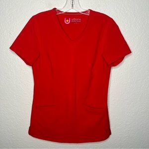 URBANE Performance Scrub Top Shirt Red Size XS V Neck Double Pocket Stretch EUC